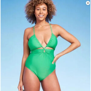 NEW Shade & Shore Women's Plunge Cut Out One Piece Swimsuit - Green Size XL